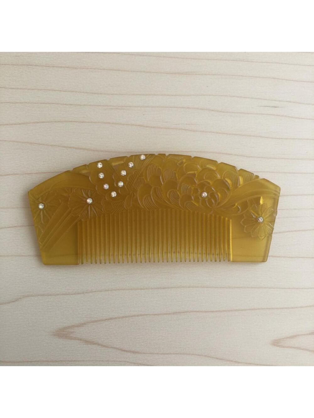 Vintage Japanese Kushi Kanzashi Hair Comb Carved floral Geisha glass rhinestones